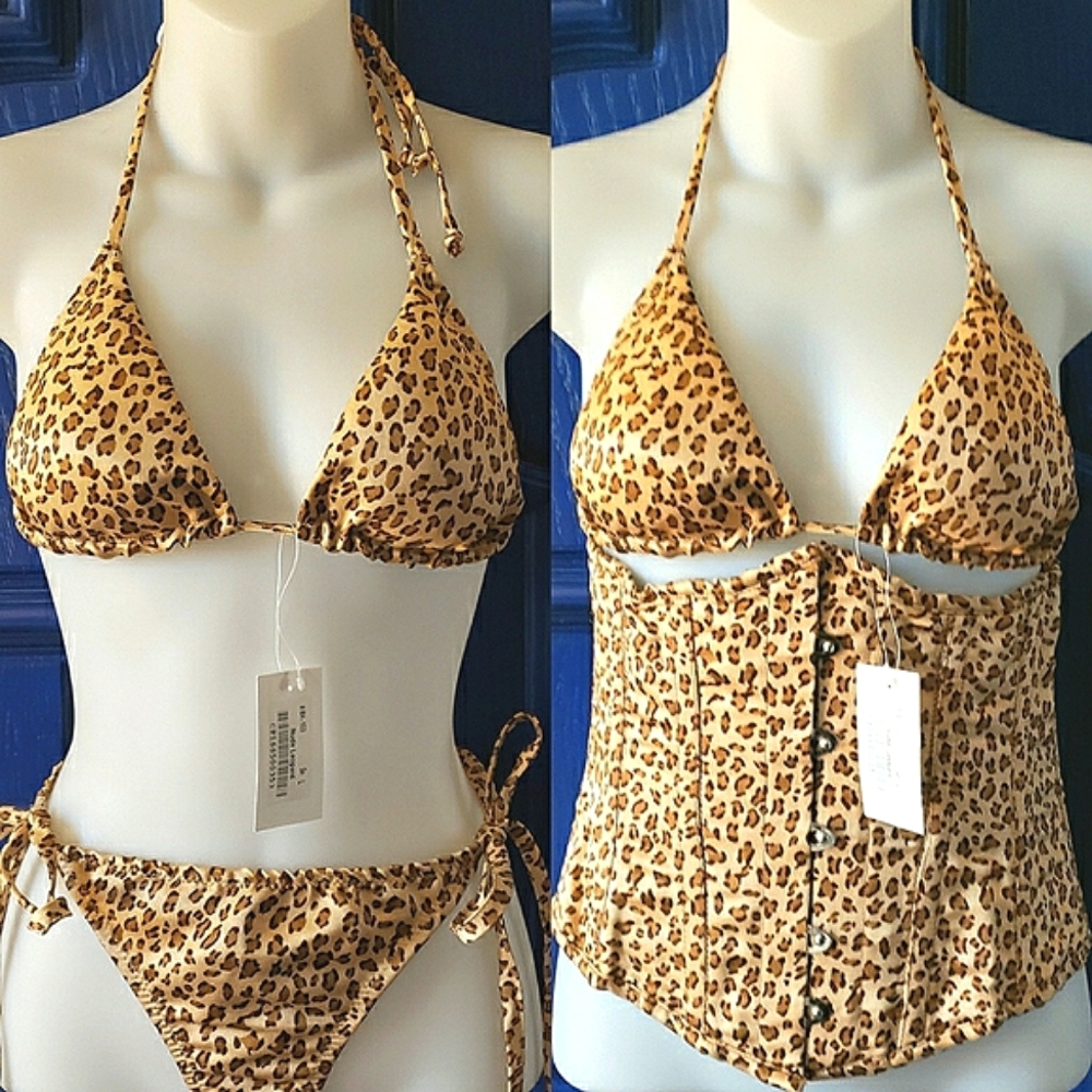 Leopard 3pc Steel Boned Underbust Corset Bikini Set Y2K Waist Trainer Corset